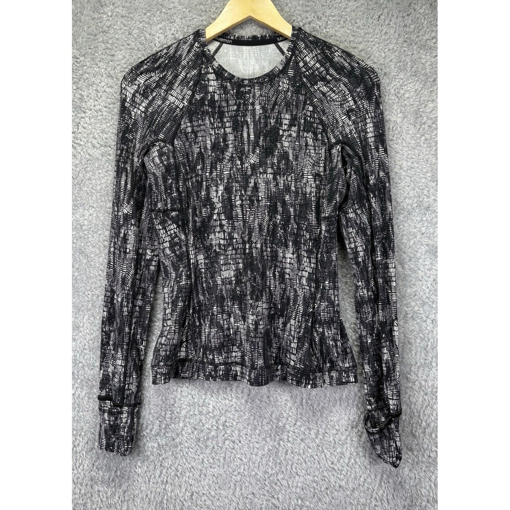 Lululemon Its Rulu Run Shirt Womens 6 Black White Long Sleeve Running Thumbholes